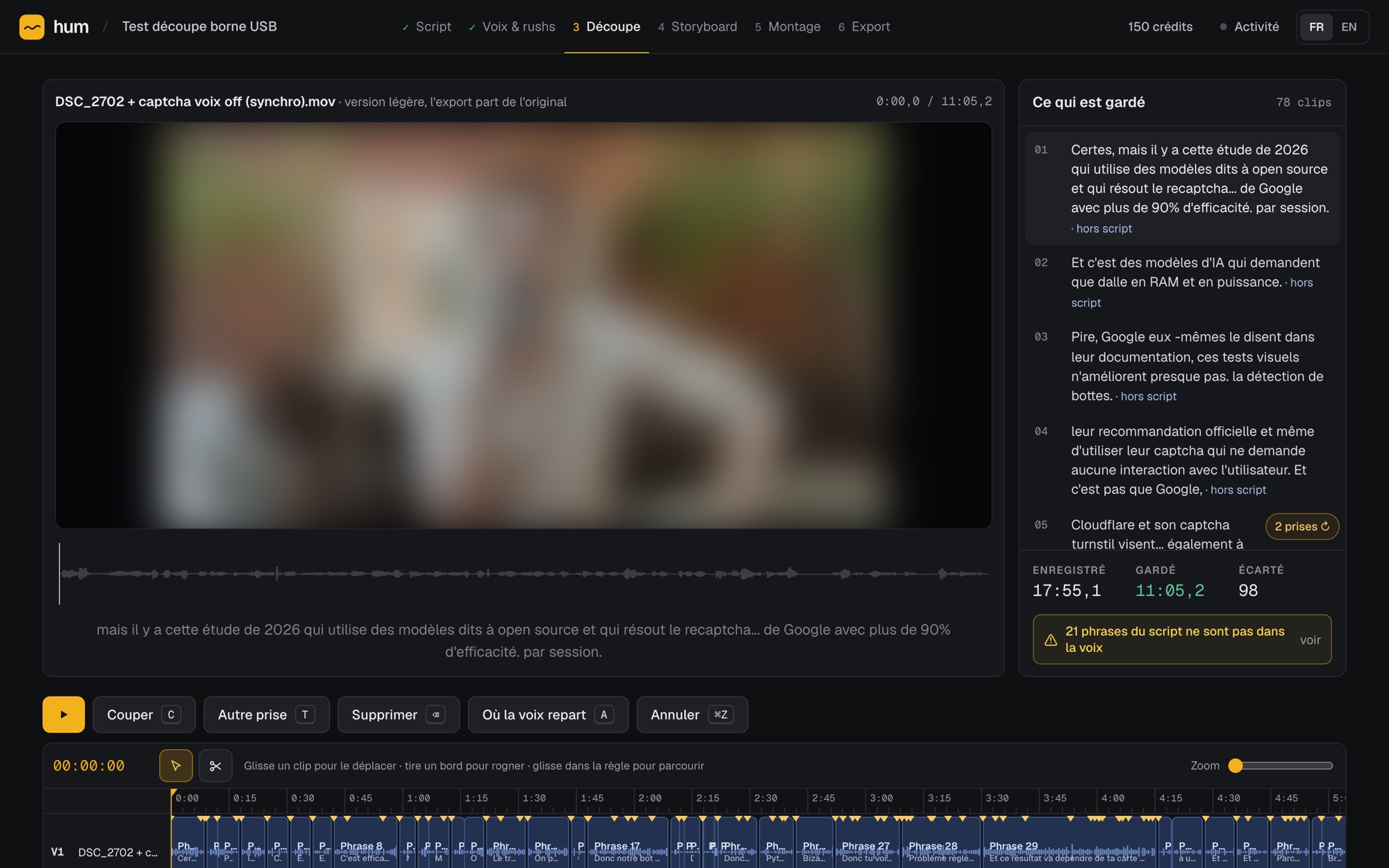 L'écran Découpe : la vidéo, la liste des phrases gardées, et la timeline des prises.